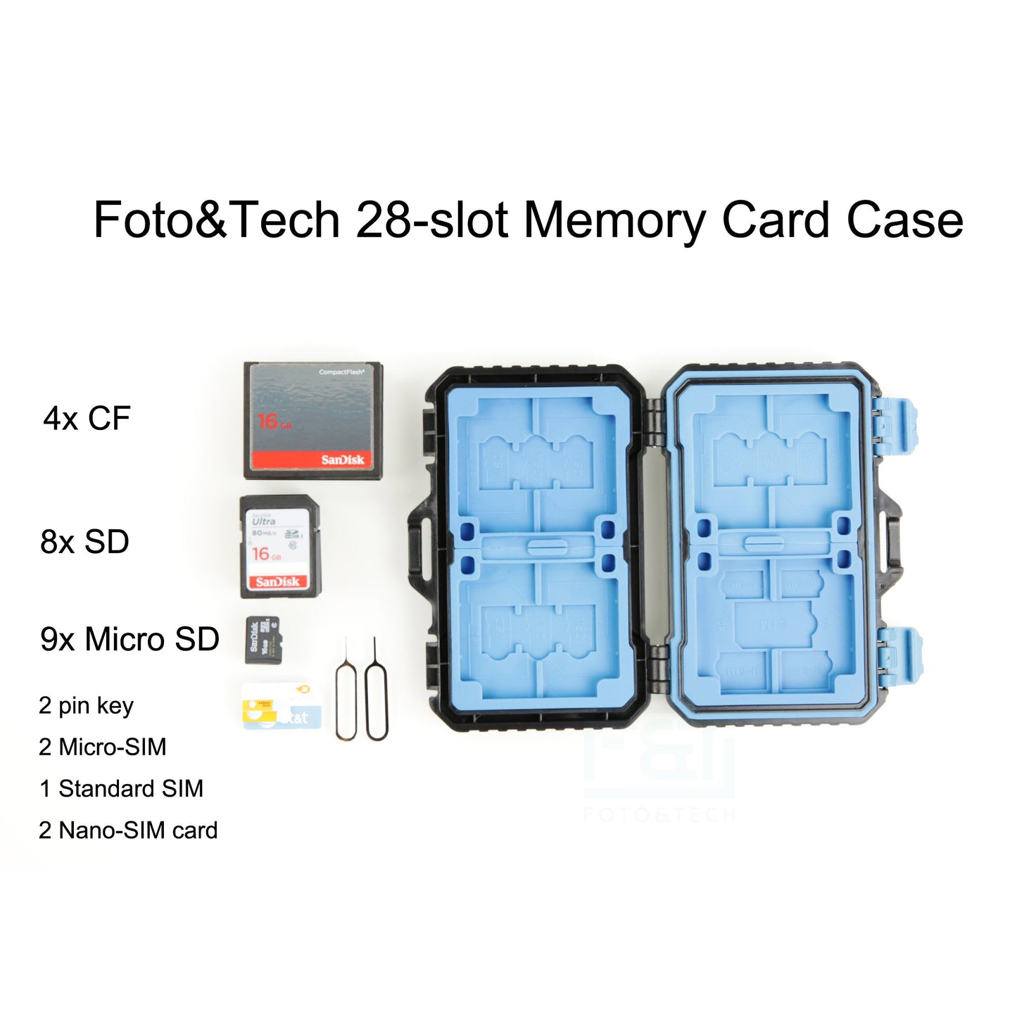 Foto&Tech High Capacity Multi-Format Storage Case - 28 Slot Waterproof Case for SD, CF, TF Cards; Includes Micro SD, SIM Card Holders