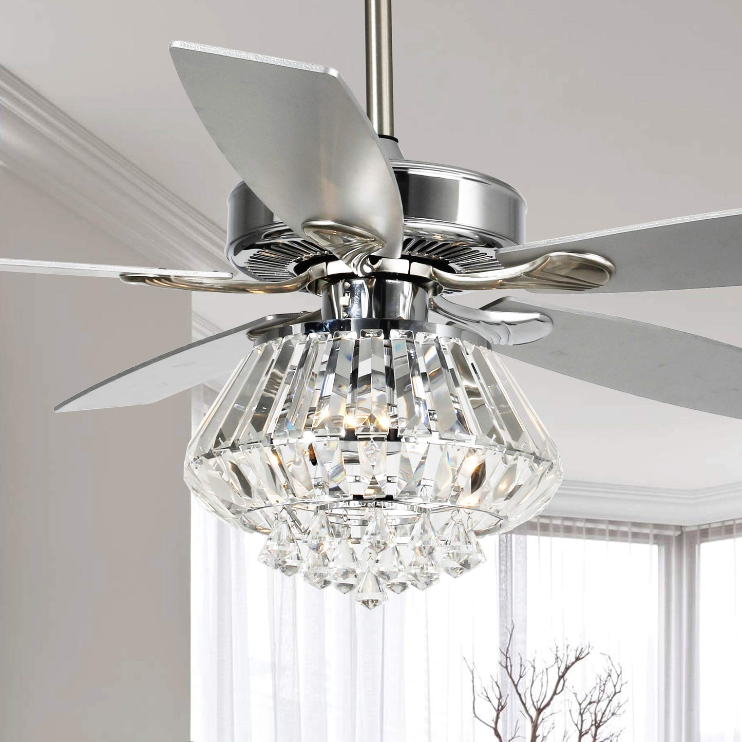 Vaczon 52'' Farmhouse Ceiling Fan with Light & Remote - Silver Caged Fandelier Style, Crystal Chandelier with 6 Speeds,Reversible Motor