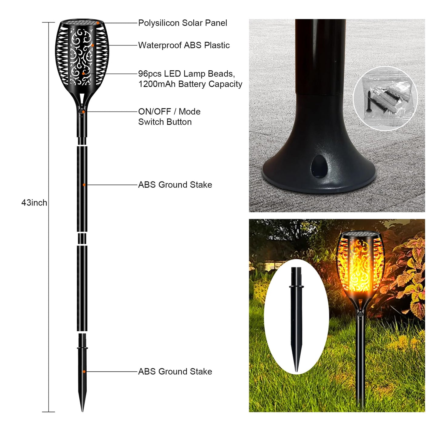 Uni PNR Upgraded Larger Solar Lights Outdoor Waterproof 96 LED, 43" Outdoor Lights, Solar Torch Light with Flickering Flame, Led Lights for Garden