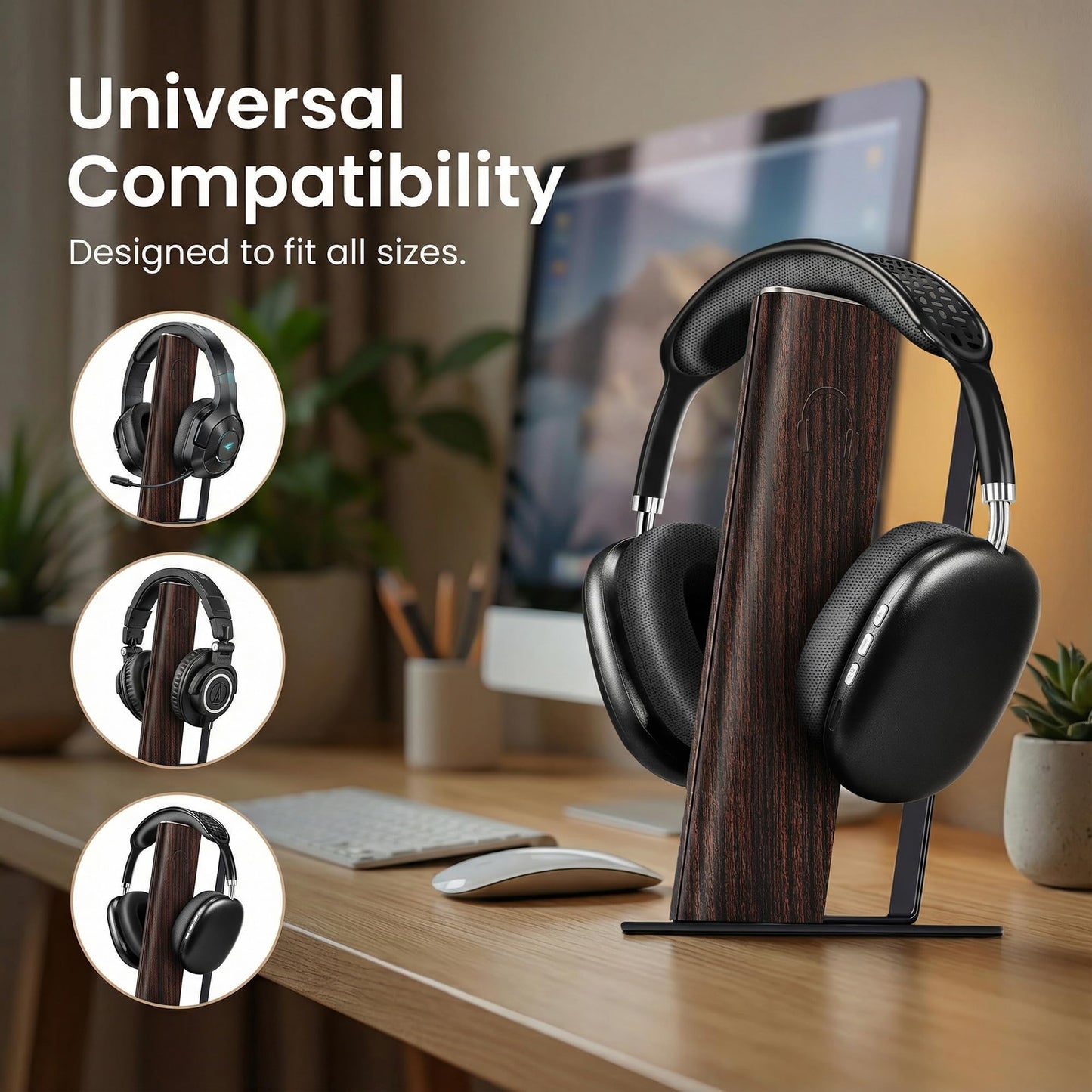 Gunking Premium Headphone Stand for Desk- Walnut Finish - Anti-Slip Carbon Steel Base for Gaming & Studio Headsets