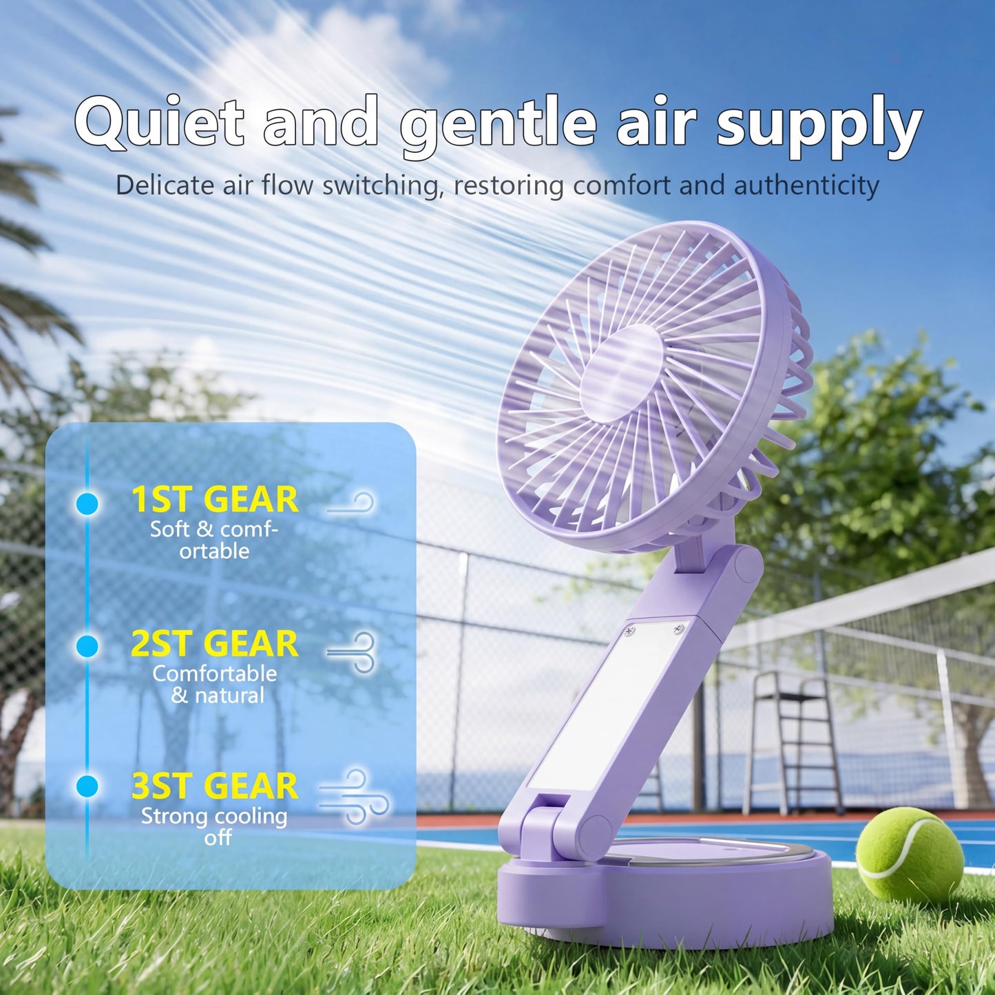 Foldable Magnetic Phone Fan with LED Light & Stand Desk Easy Storage Purple