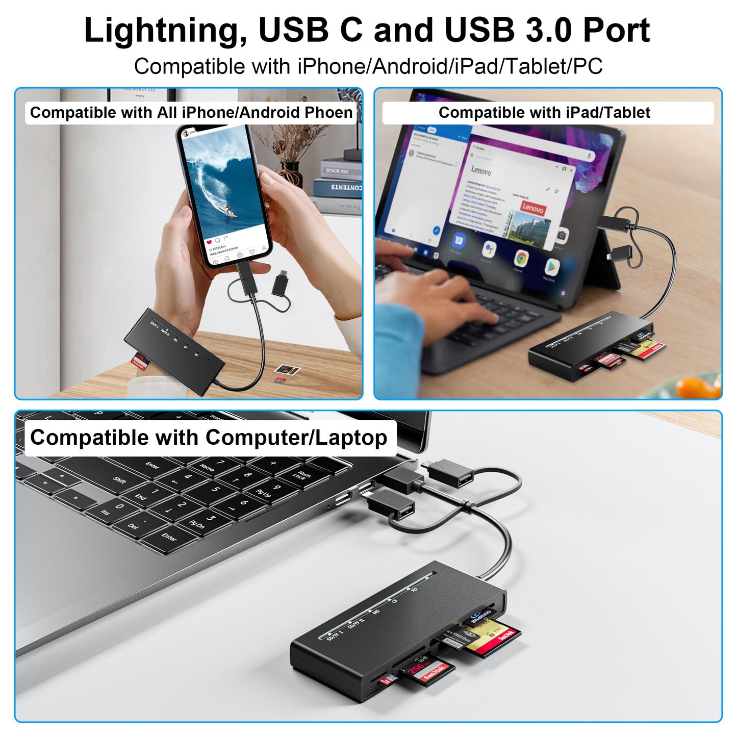 Memory Stick Pro Duo Adapter for iPhone/USB C/PC - 7 in 1 2X SD/ 2X TF/CF/MS/XD Picture Card Reader, Multi Memory Card Reader USB C Lightning OTG