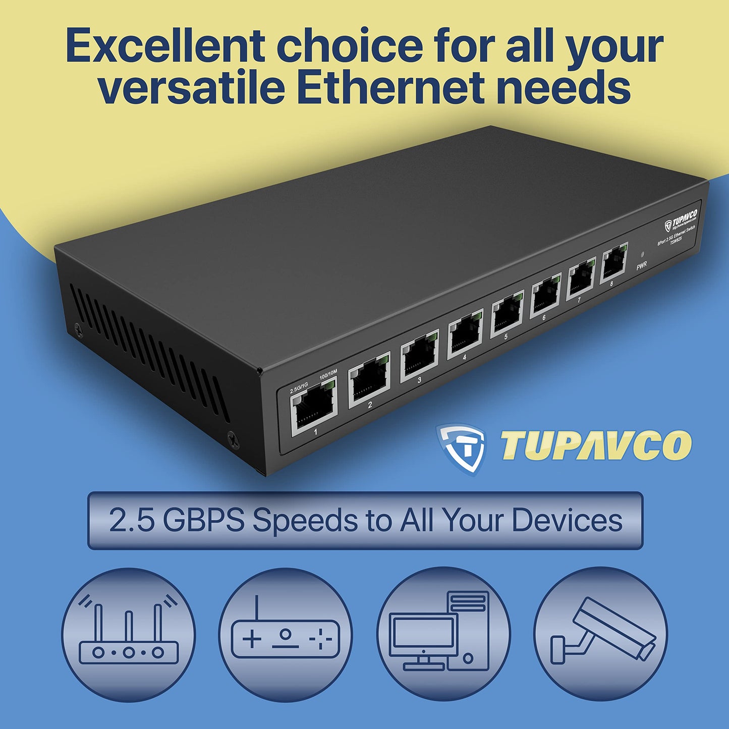 2.5GB Switch (8 Port) for Ethernet Network - High Speed 10M/100M/1G/2.5G Gigabit (802.3bz) - Unmanaged Plug & Play Fanless LAN Splitter - Metal Case