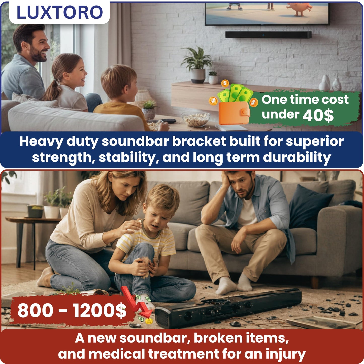 LUXTORO Premium Universal Soundbar Wall Mount Bracket Adjustable Depth 3.5 to 6.1 Inch Heavy Duty Holds Up to 33lbs Full Installation Kit Included