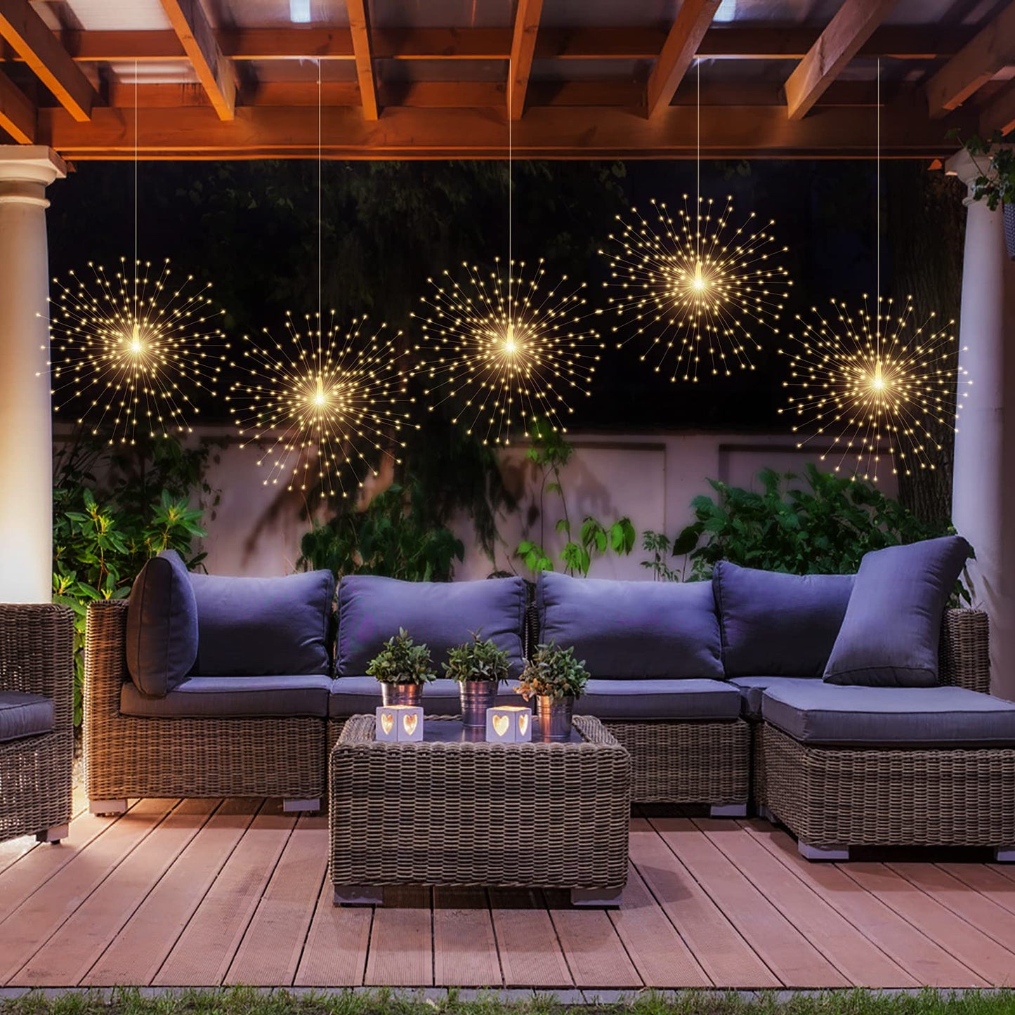 PXBNIUYA 200LED Hanging Sphere Lights, Battery Operated Starburst Lights, 8 Modes Dimmable Remote Control, Waterproof Copper Wire Fairy Light