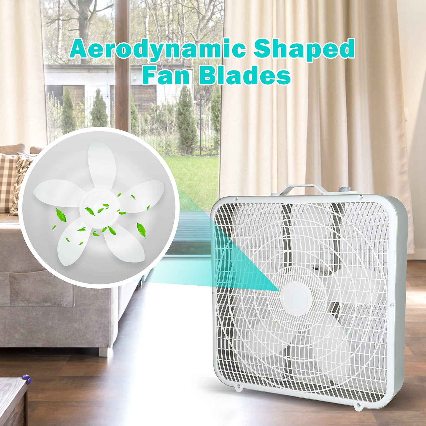 Simple Deluxe Box Fan, 3-Speed Cooling Floor Fan with Aerodynamic Shaped Fan Blades, Convenient Carry Handle and Safety Grills, Suitable for Home