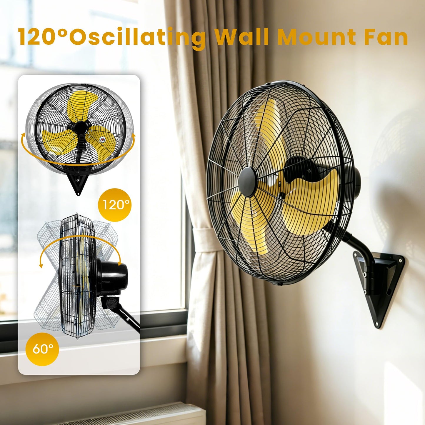20" Industrial Wall Mount Fan, High Velocity 7100 CFM Metal Fan with 3 Speed Control, Adjustable Tilt , Heavy Duty Cooling Oscillating Fans