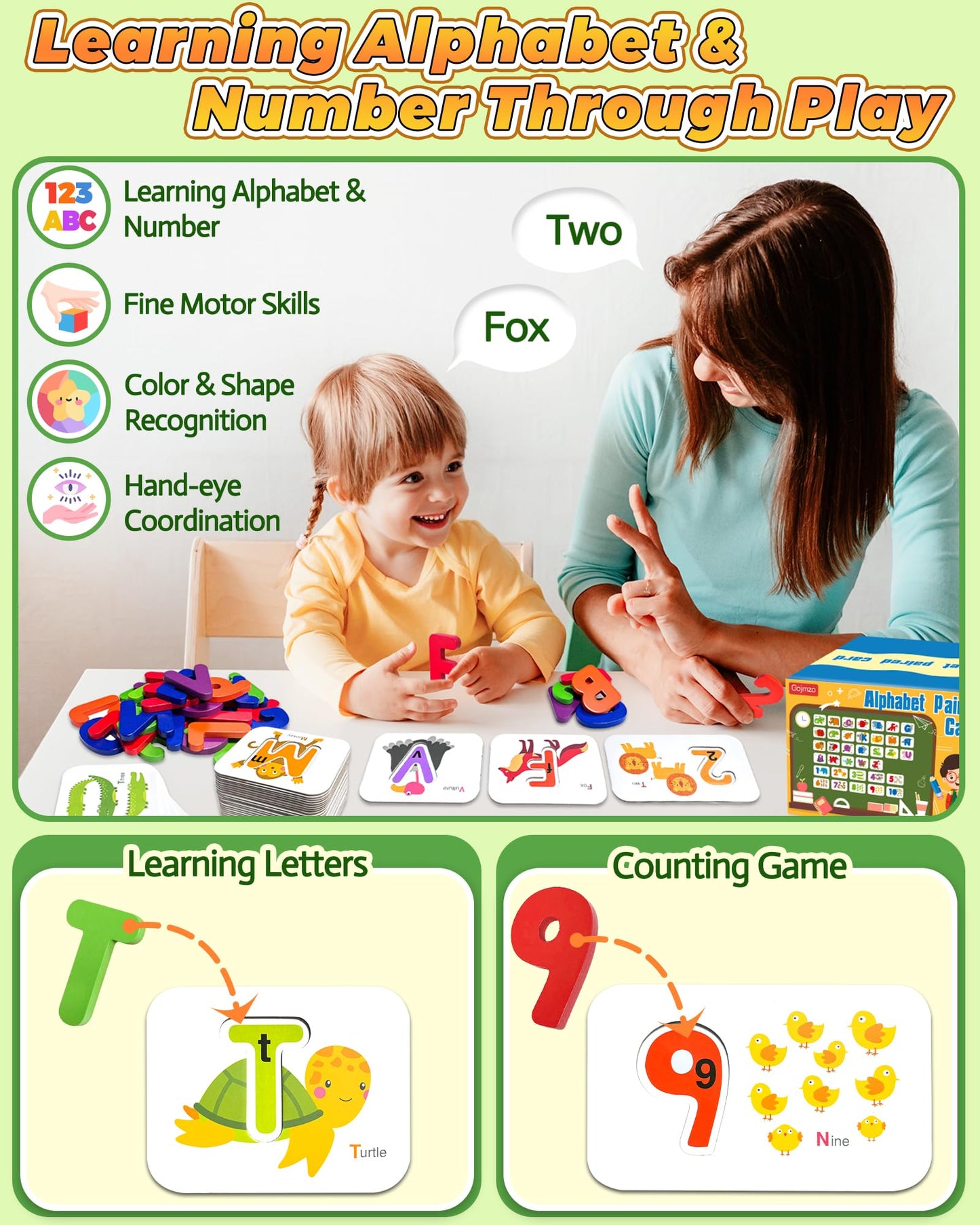 Gojmzo Alphabet Flash Cards – ABC Learning Toys with Wooden Letters, Number Blocks & Sight Words Matching Game for Toddlers & Preschool Kids Ages 3+