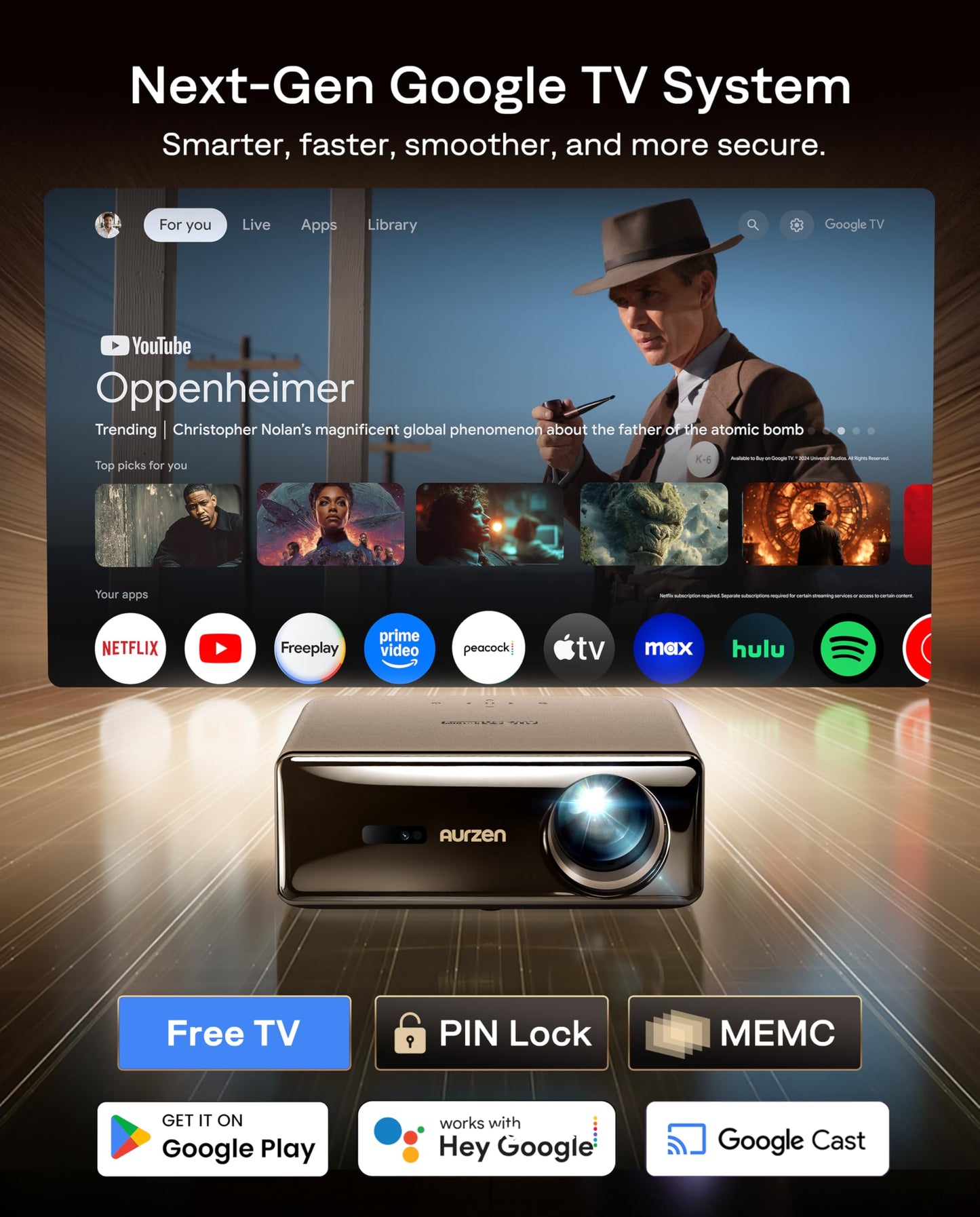 Aurzen EAZZE D1 MAX Upgraded Google TV Smart Projector 4K Supported, Ultra-Bright 1000 ANSI Lumens, MEMC Tech, Fully Automatics, 20W DoIby Audio, Home