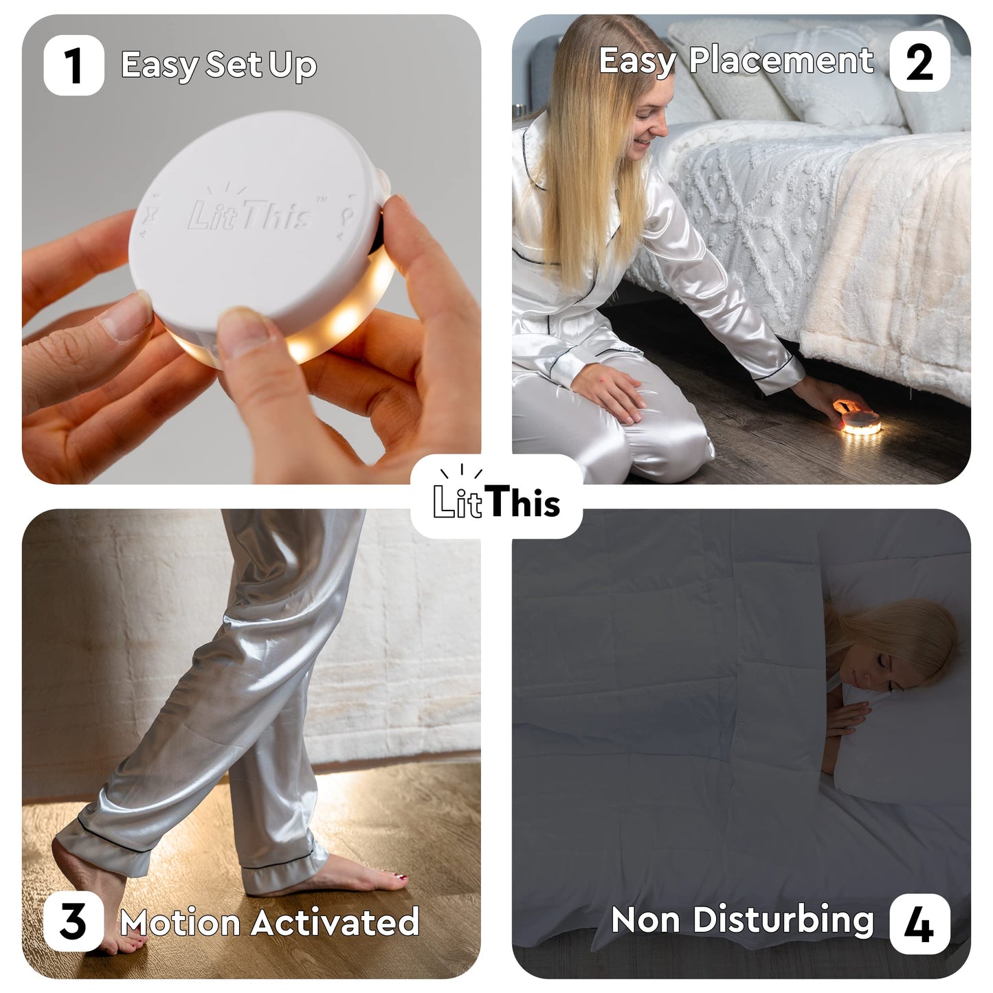 LitThis Under Bed Lights Motion Sensor Patented 360° motion activated night light for under bed light. - No Installation, easily positioned, dimmable