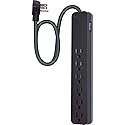 GE UltraPro 6 Outlet Surge Protector, 2 Ft Designer Braided Extension Cord, Flat Plug, Long Power Cord, Wall Mount, Black, 44070