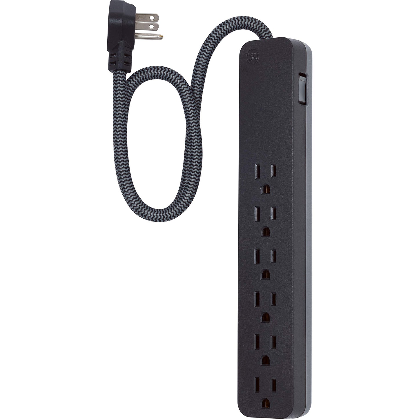 GE UltraPro 6 Outlet Surge Protector, 2 Ft Designer Braided Extension Cord, Flat Plug, Long Power Cord, Wall Mount, Black, 44070