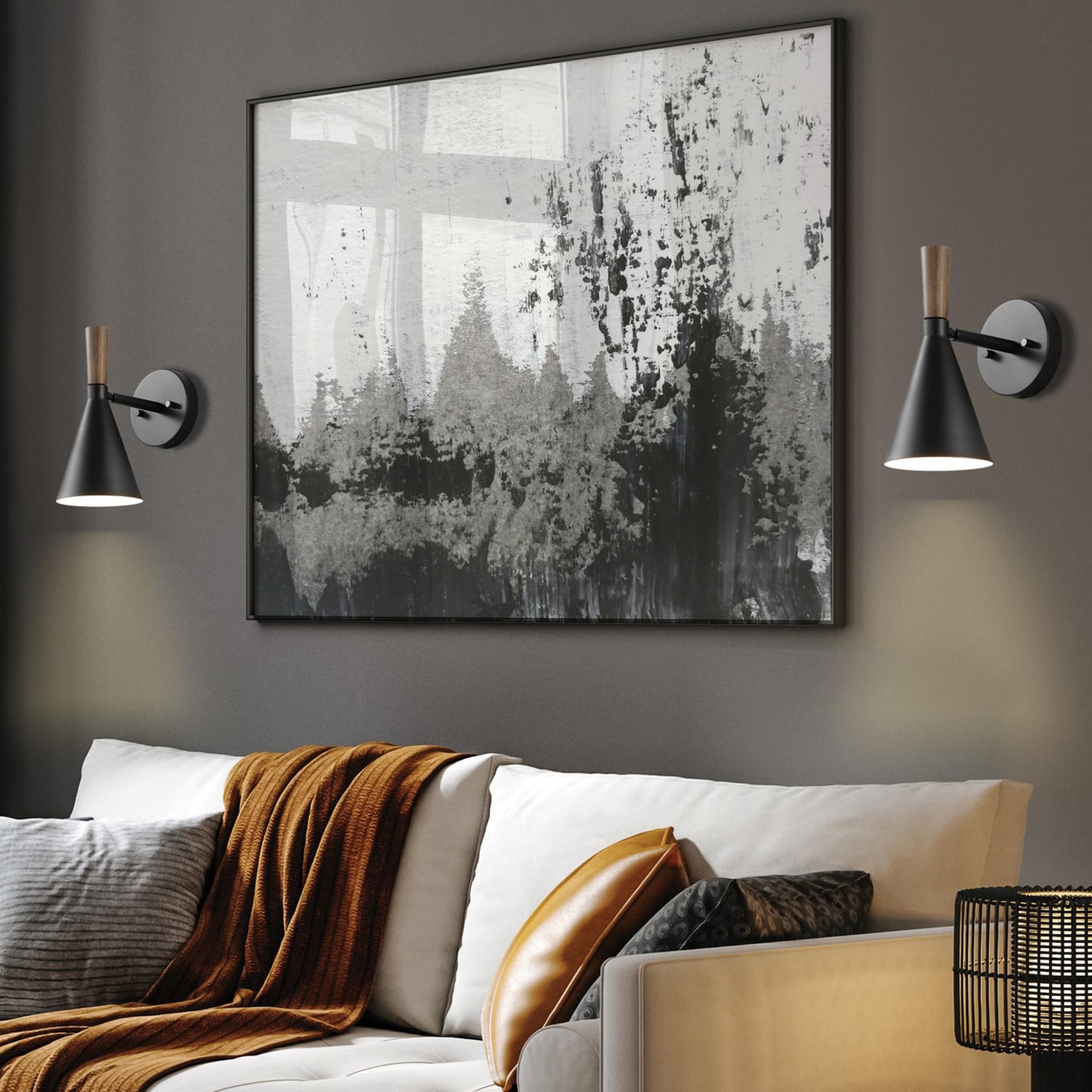 Globe Electric Plug-in or Hardwire Wall Sconce, Matte Black, Wood-Tone Switch, Metal Shade, 6-Foot Cord, 65000101