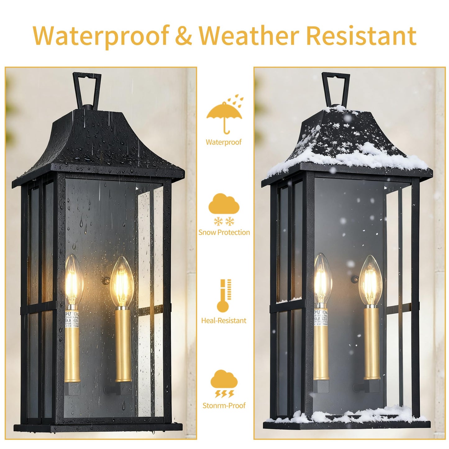 Outdoor Wall Sconce, 20.3" 2-Light in Black with Gold Rectangular Metal Frame and Clear Glass Shade Waterproof Porch Light Patio Light,Bulbs Not
