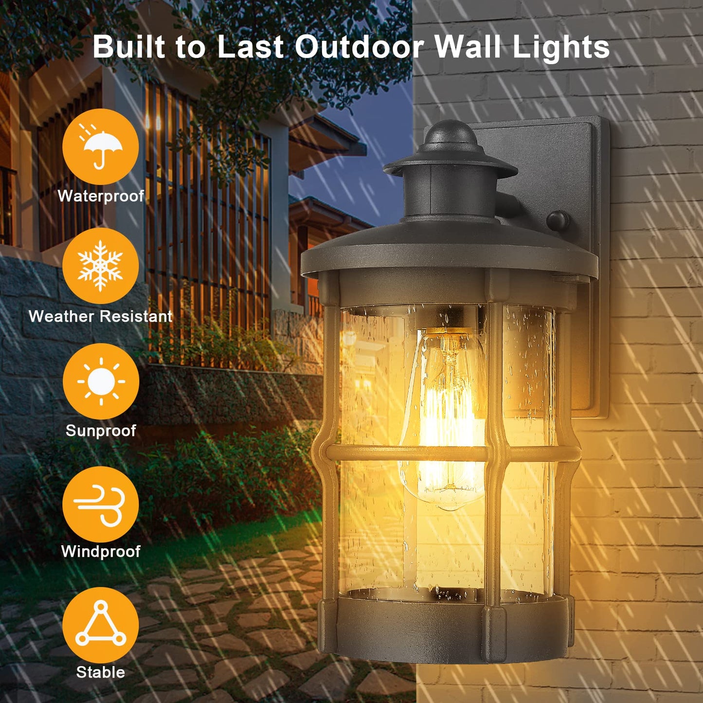 Rosient Outdoor Wall Sconces, Outdoor Wall Lights, Exterior Wall Mount Lighting, Wall Light Fixture in Black Finish with Seeded Glass (Black, 2 Pack)