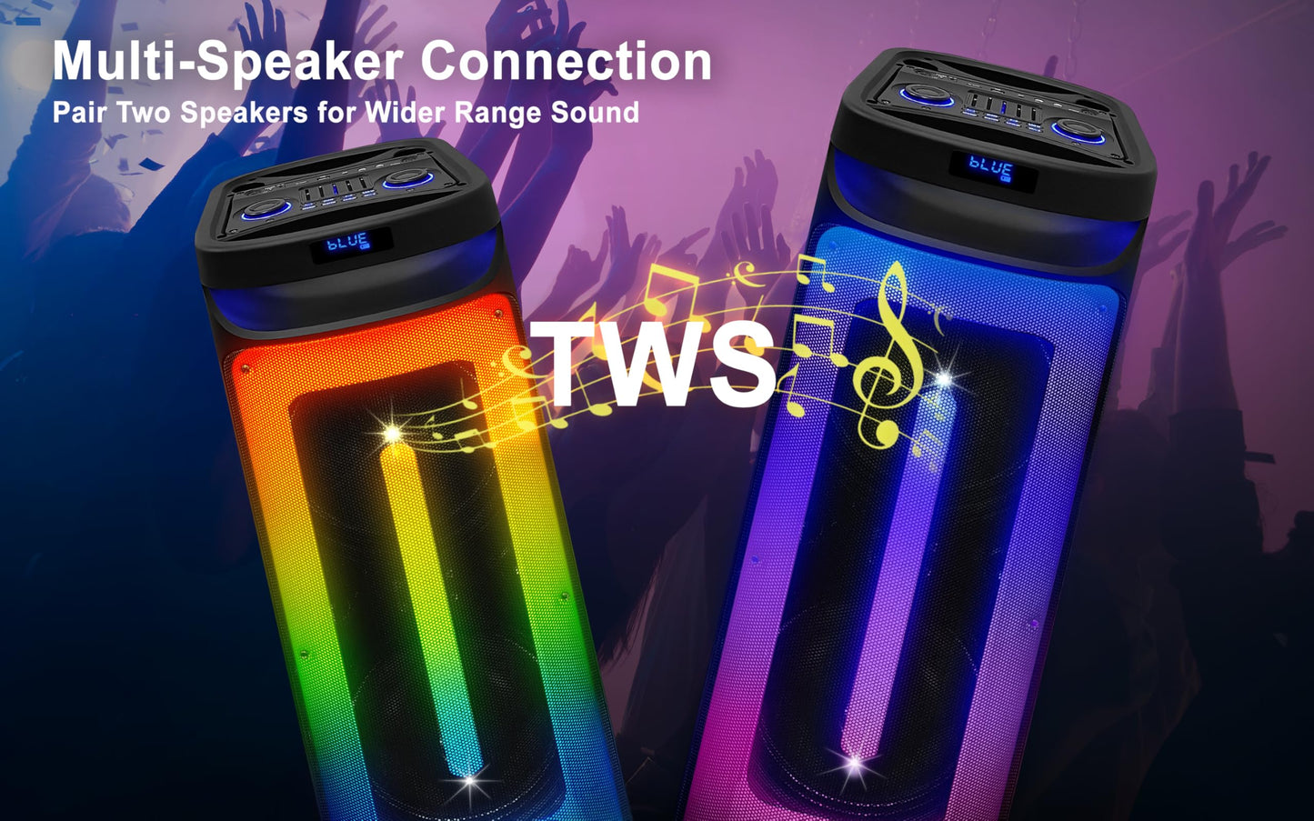 Fisher Bluetooth PA Stereo Speakers System-Karaoke Portable Wireless DJ, Dual 10" 80W Peak Power, Loud HD Sound & LED Lights, Rechargeable, TWS, 2 MIC