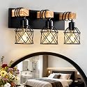 3-Light Farmhouse Bathroom Vanity Light Fixture Over Mirror, Rustic Wood & Black Metal Cage Bathroom Wall Light, E26 Vanity Lighting for Bathroom