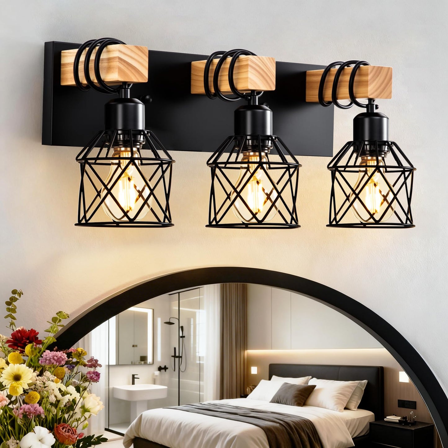 3-Light Farmhouse Bathroom Vanity Light Fixture Over Mirror, Rustic Wood & Black Metal Cage Bathroom Wall Light, E26 Vanity Lighting for Bathroom
