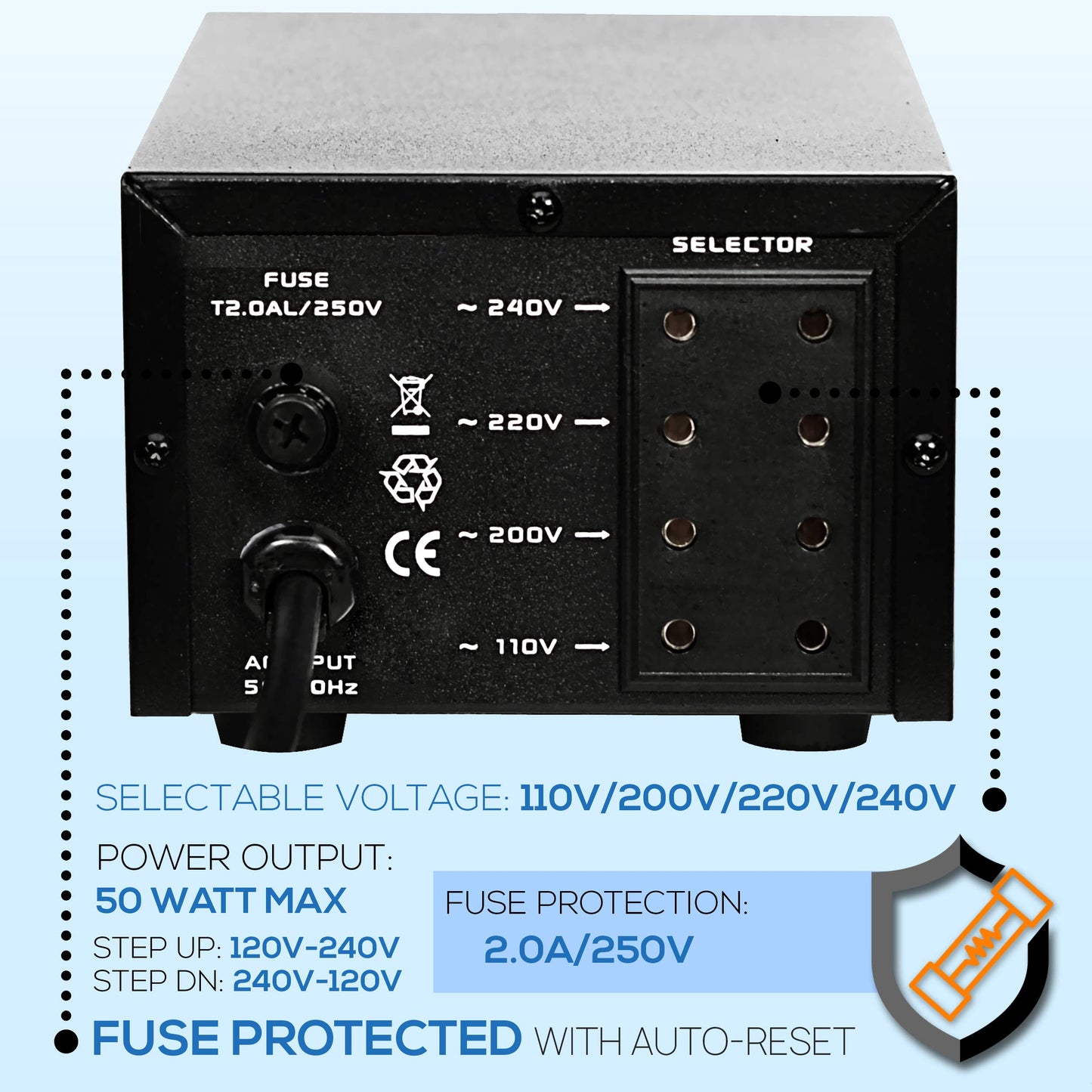 Pyle Step Up and Down Converter - 50 Watt Voltage Converter Transformer w/USB Charging Port, EU Power Adapter, AC Power Supply Cable 110V-240V…