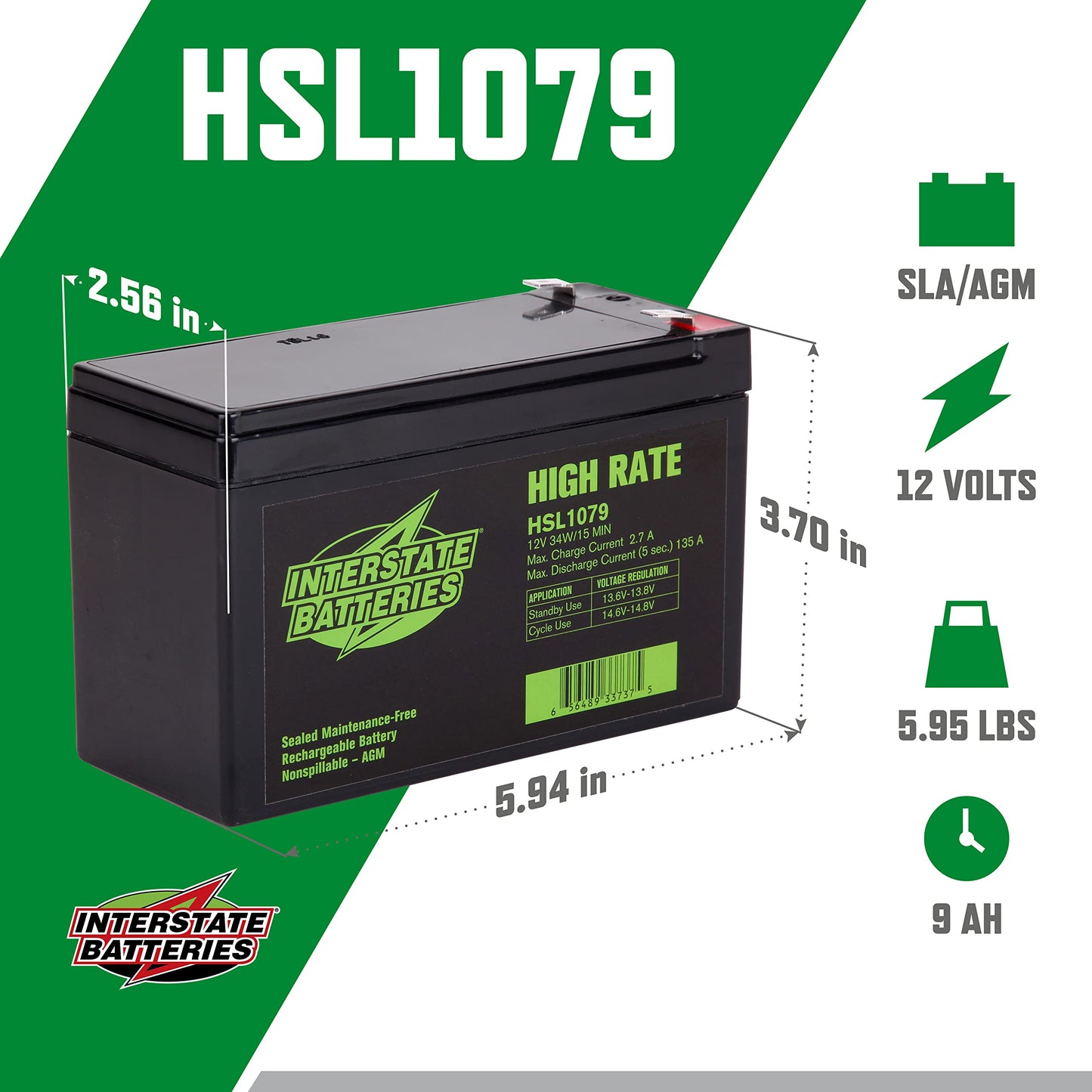 Interstate Batteries 12V 9Ah High Rate Battery (F2 Terminal) SLA AGM VRLA Rechargeable Replacement for APC Smart-UPS, UPS Back Up Systems, Security…