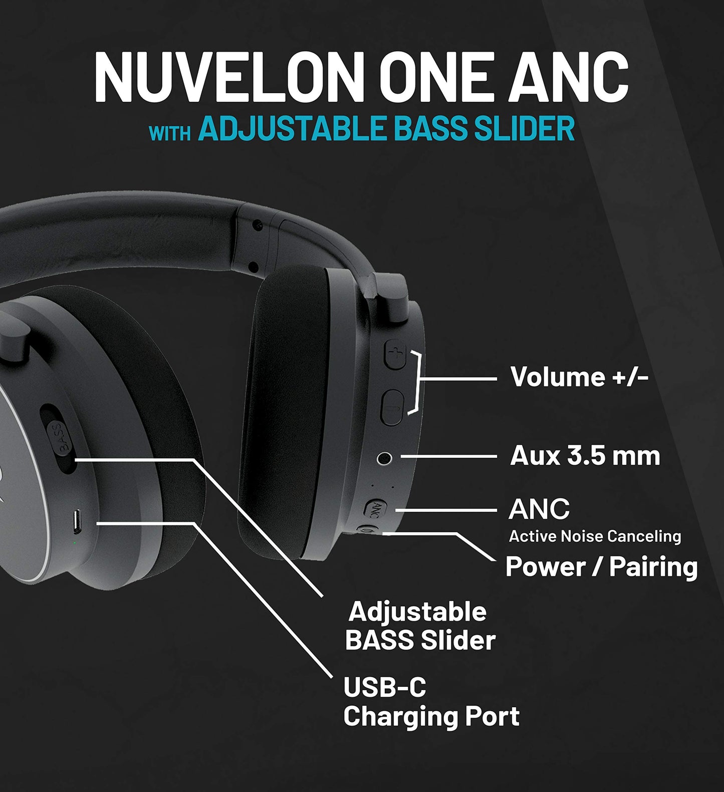 NUVELON ONE Active Noise Canceling Headphones with Adjustable Bass, 24hr Battery Life, Wireless Over-Ear Bluetooth Headphones