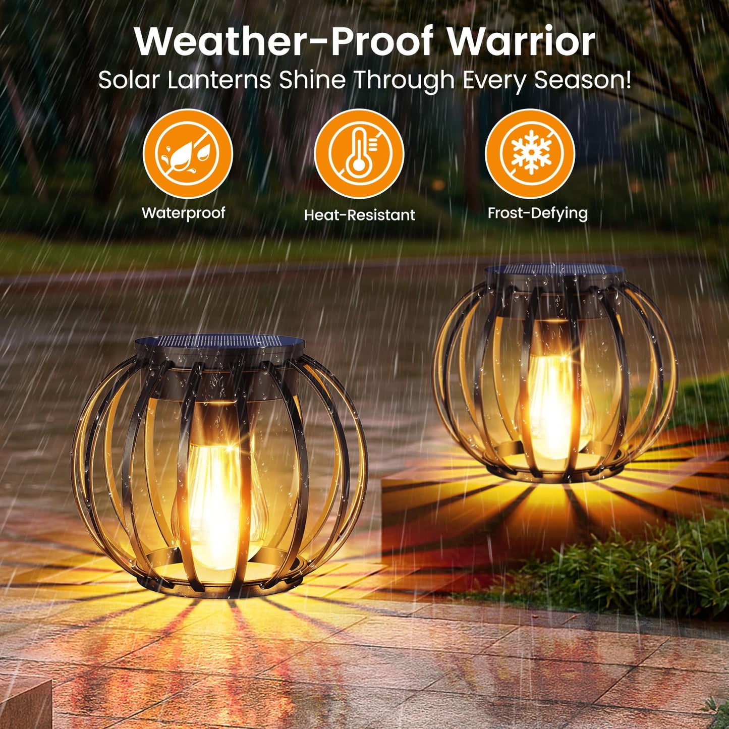 AOUNQ Solar Lanterns Outdoor Waterproof 2 Pack, 14.37" Metal Hanging Solar Lights for Outside with Auto On/Off & Hook - Brighter Hanging Outdoor