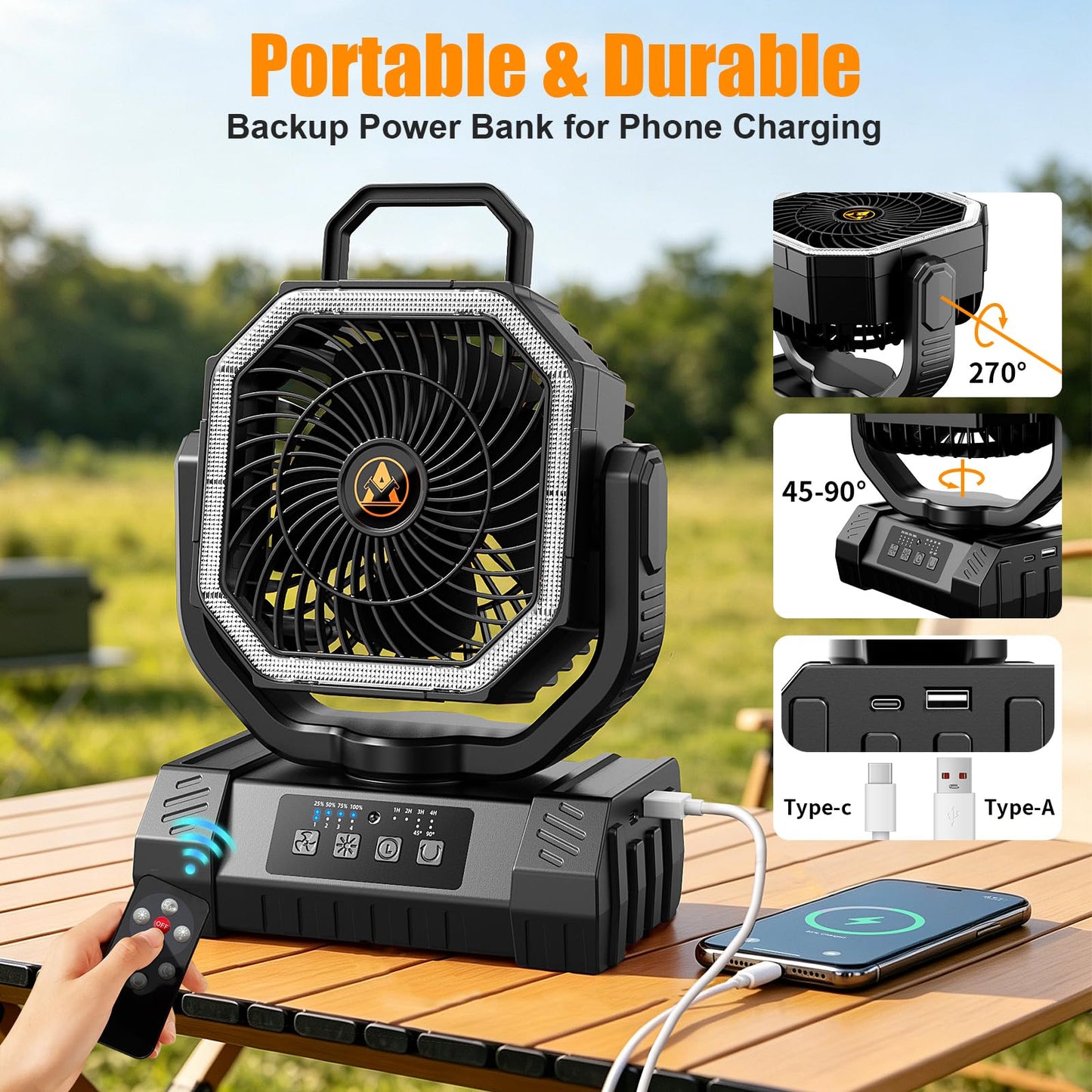 Camping Fan Rechargeable - 20000mAh Portable Cordless Battery Powered Fans with LED Lantern, Remote Auto Oscillating Table Fan Operated Tent Fan
