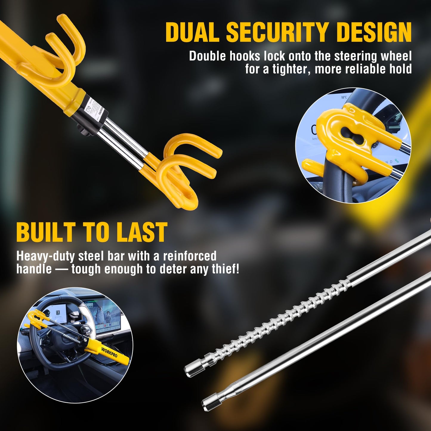 WORKPRO Steering Wheel Lock, Heavy Duty Anti-Theft Car Device with Double Hooks, Adjustable Universal Fit for Cars, Trucks and SUVs, Visible Security