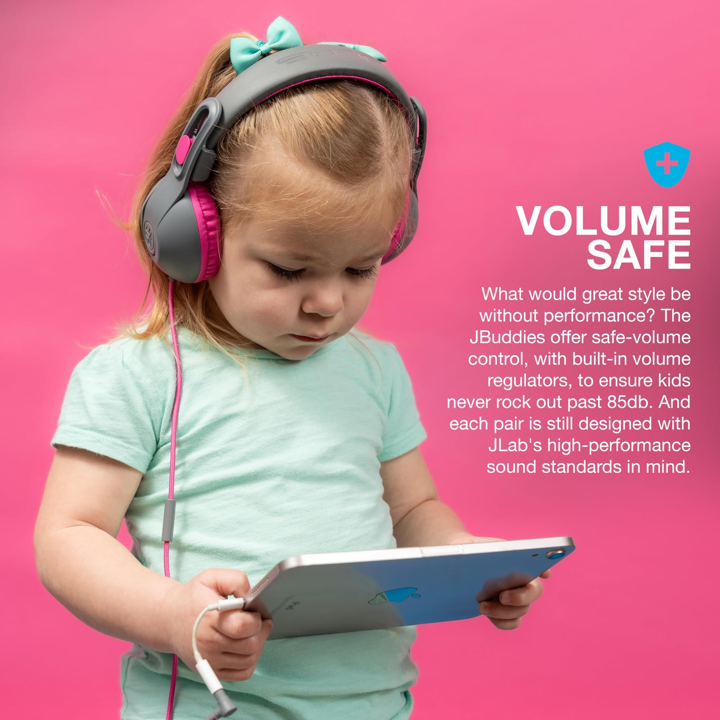 JLab JBuddies Studio 2 On-Ear Kids Wired Headphones, Grey/Pink, Toddler Headphones, Kid Safe, Studio Volume Safe, Volume Limiter, Folding, Adjustable