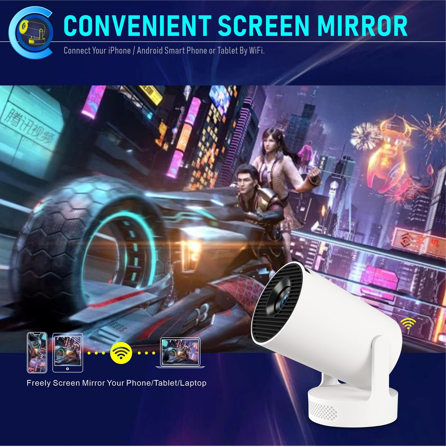 Mini Projector, HY300Ultra Portable Projector with WiFi 6 and Bluetooth 5.4, 4K Support,5W Soundbase Speaker, Android11.0, 180° Rotation, Compatible