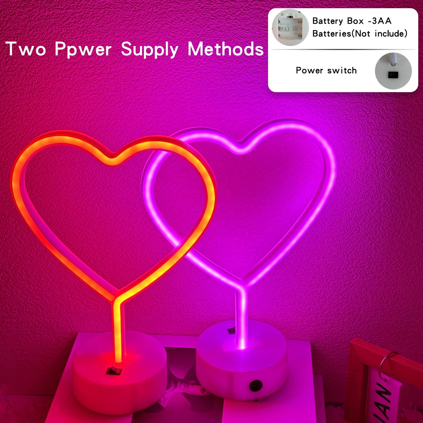 EMINGSKY Red & Pink Heart Neon Signs 2 Pack, LED Wall Light for Room Decor
