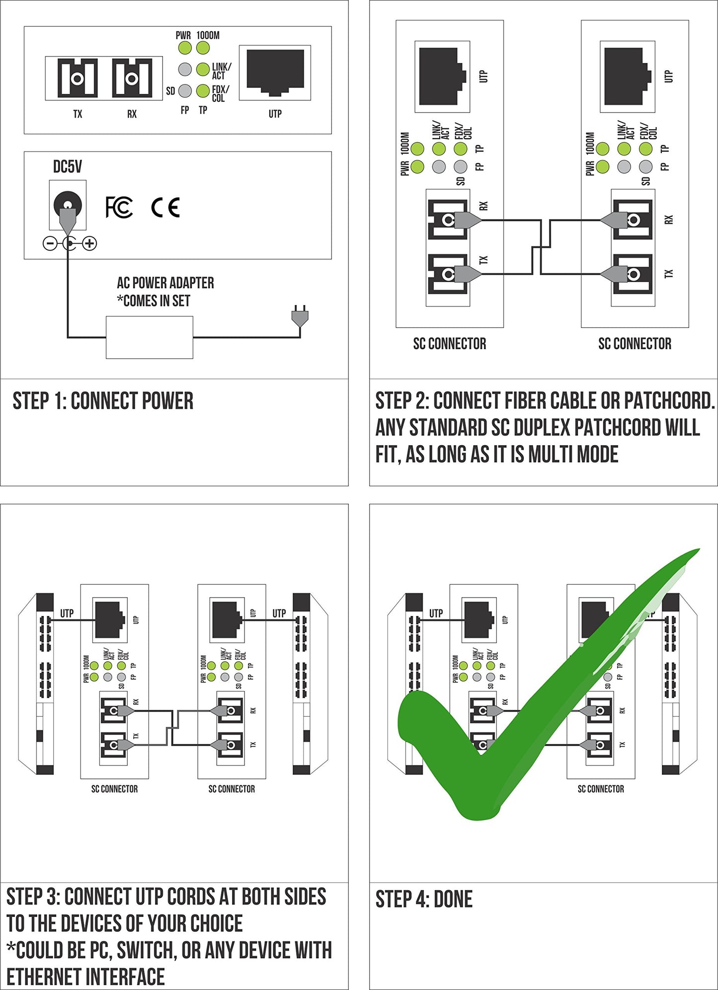 Multimode Gigabit Fiber Media Converter - Built-In Fiber Module 2 km (1.24 miles) SC - to UTP Cat5e Cat6 10/100/1000 RJ-45 - Auto Sensing Gigabit or