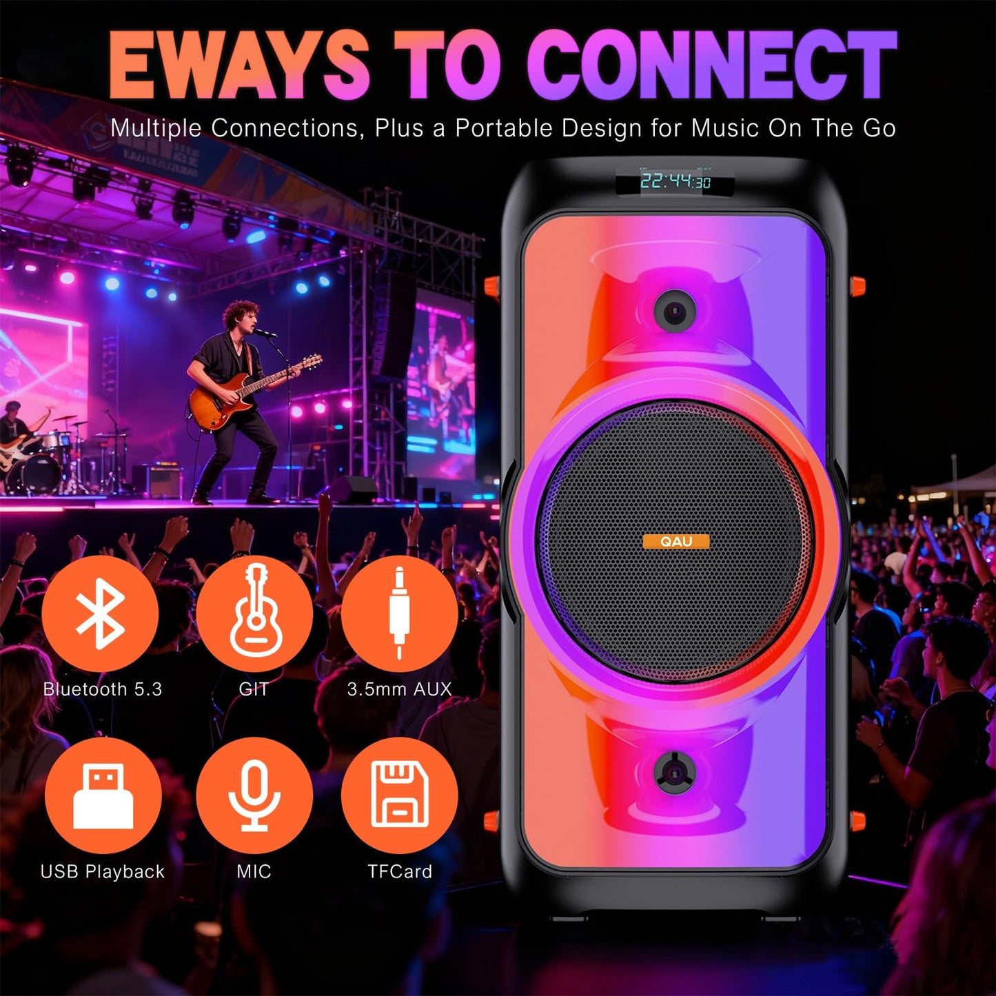 QAU Bluetooth Speaker 160W Peak Large Stero Sound for Outdoor,Deep Bass,TWS,Loud with Lights,Portabe Wireless Big Speakers with Long