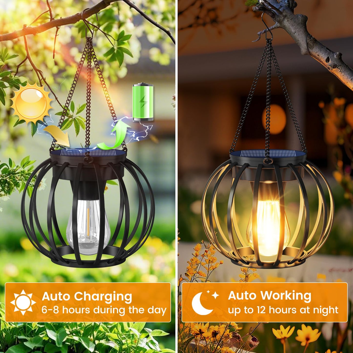 AOUNQ Solar Lanterns Outdoor Waterproof 2 Pack, 14.37" Metal Hanging Solar Lights for Outside with Auto On/Off & Hook - Brighter Hanging Outdoor
