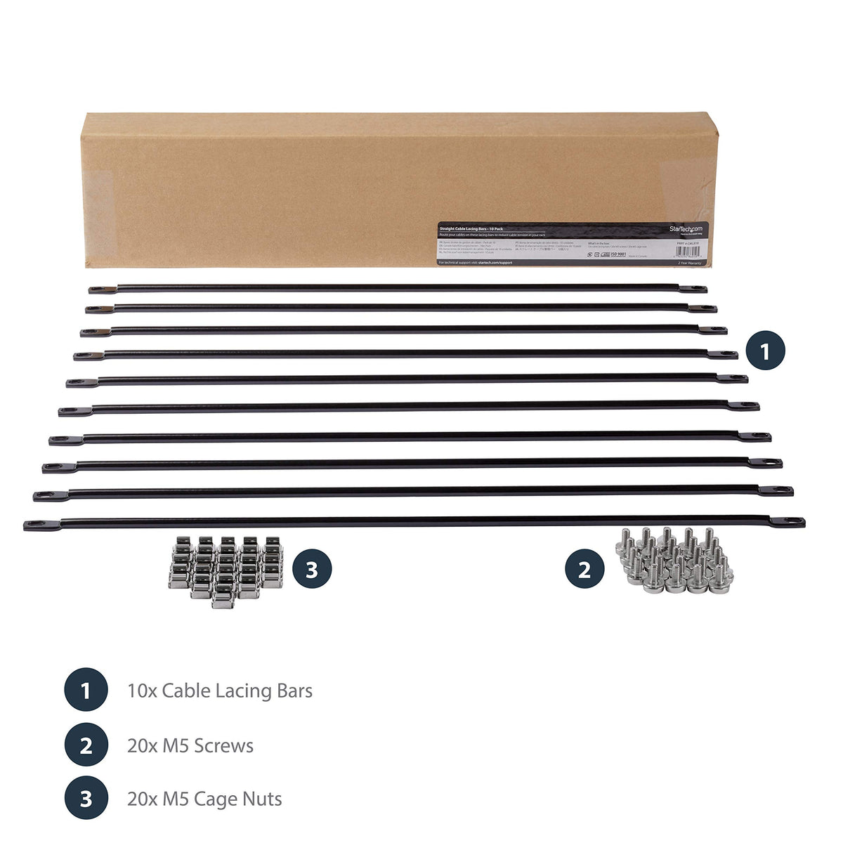 StarTech 10-Pack Horizontal Cable Lacing Bar, 19in Rack, TAA (CMLB10)