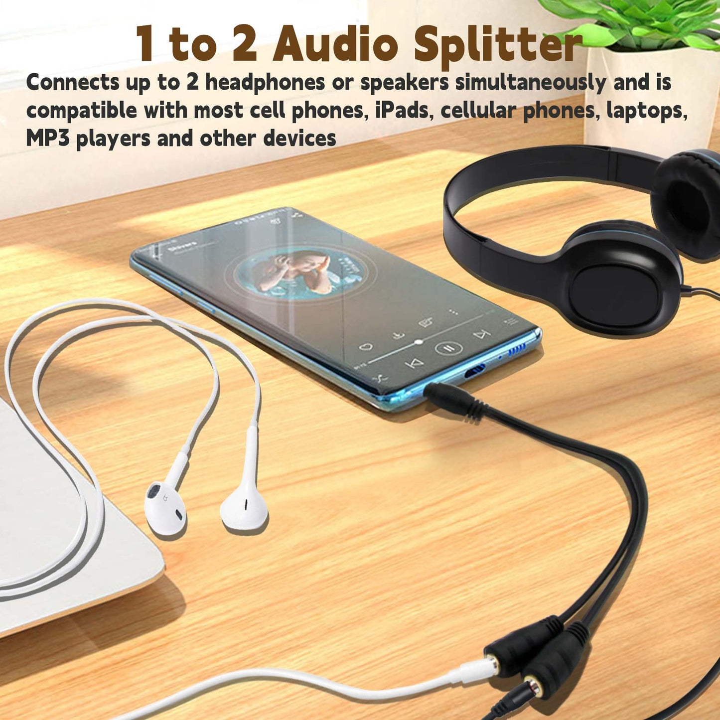 ONXE 2-Pack Gold Plated 3.5mm Stereo Jack Splitter Cable Adapter Connectors ,3.5mm Male To 2 X Female - for Connecting External Speakers or Use Both