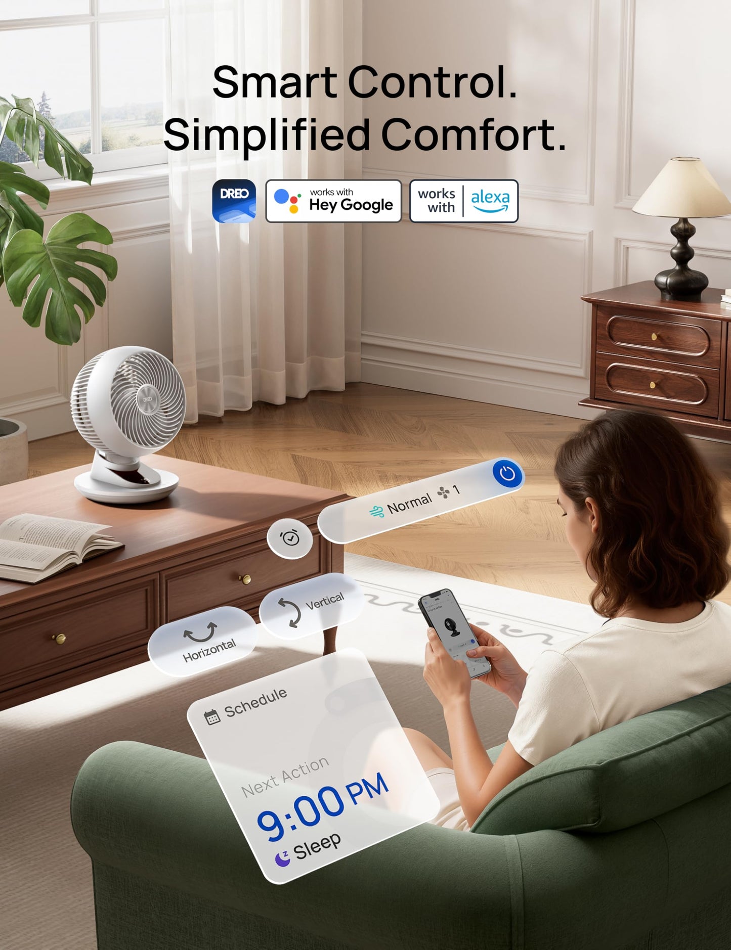 DREO Smart Fan for Bedroom, Powerful 85 ft Airflow, 12 Inches, Desk Fans in 20dB Quiet, 90°+90° oscillating fans, App/Voice Control, 9 Speeds & 8/12H
