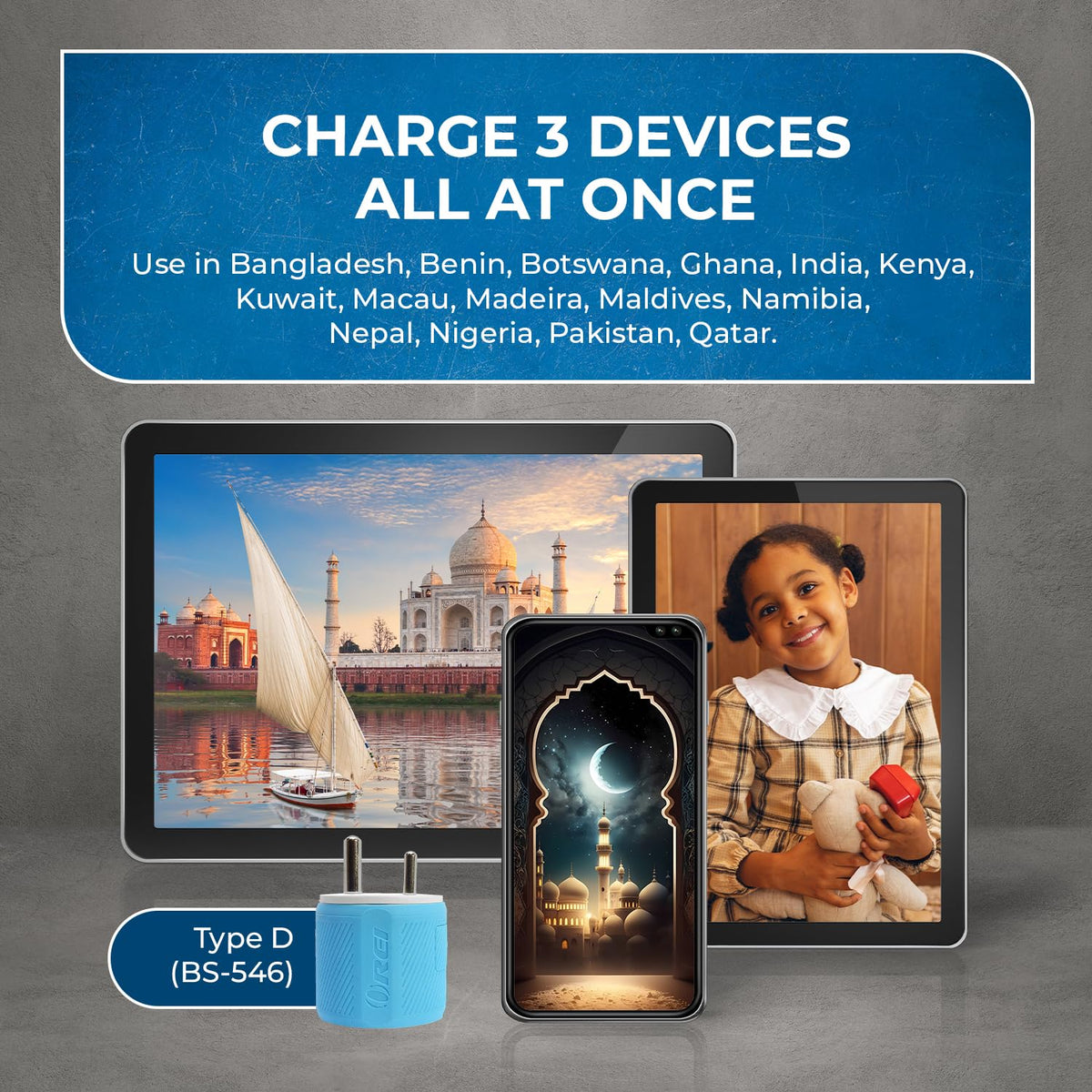 OREI Type D Travel Adapter with 2 USB Ports - 3-in-1 India Plug Adapter