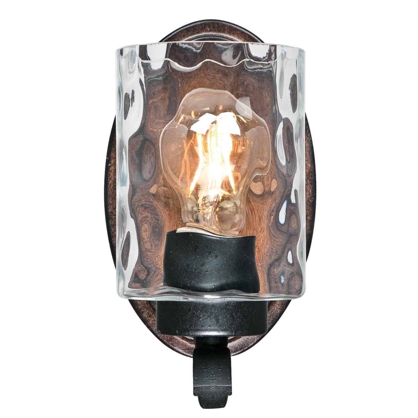 6331600 Barnwell One-Light Indoor Wall Fixture, Textured Iron and Barnwood Finish with Clear Hammered Glass