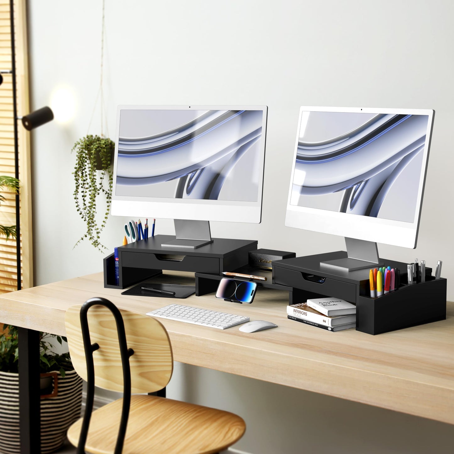 Simple Houseware Desk Dual Monitor Stand Riser with Pull-Out Drawers, Black