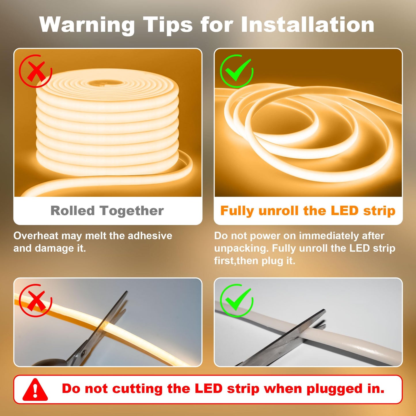 Gliztech IP67 Waterproof COB LED Strip Lights AC 110V-120V Direct Plug, 66FT Super Bright Outdoor Strip Lights with Double Fuse Controller, LED Strips