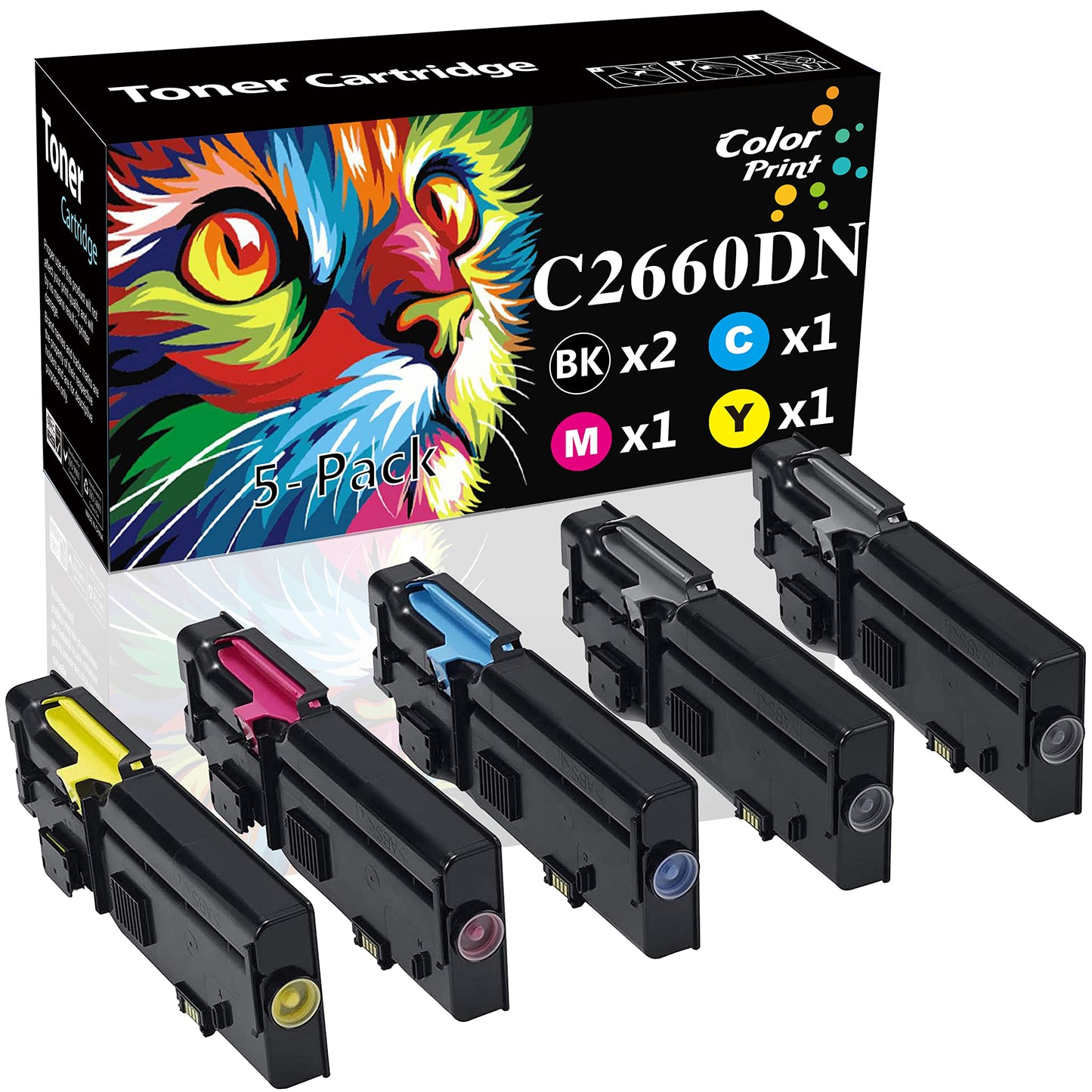 Colorprint High-Yield Compatible Toner Cartridge for Dell C2660dn C2665dnf Printers, 2 Black + 3 Color, 6000 Pages Black, 4000 Pages Color, Replaces