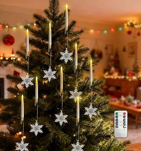 Htscudtg Christmas Tree Candles with Remote, 5 Pcs LED Flameless Taper Candles with Clear Snowflake for Christmas Tree Decor, Battery Operated Tree