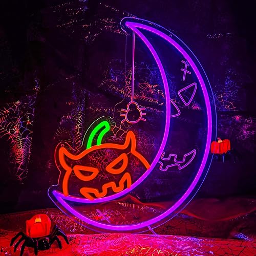 Halloween Pumpkin Moon Window Lights Decorations Indoor, Pumpkin&Moon Themed Neon Sign Decor LED Neon Lights for Wall Decor, Decorating Windows