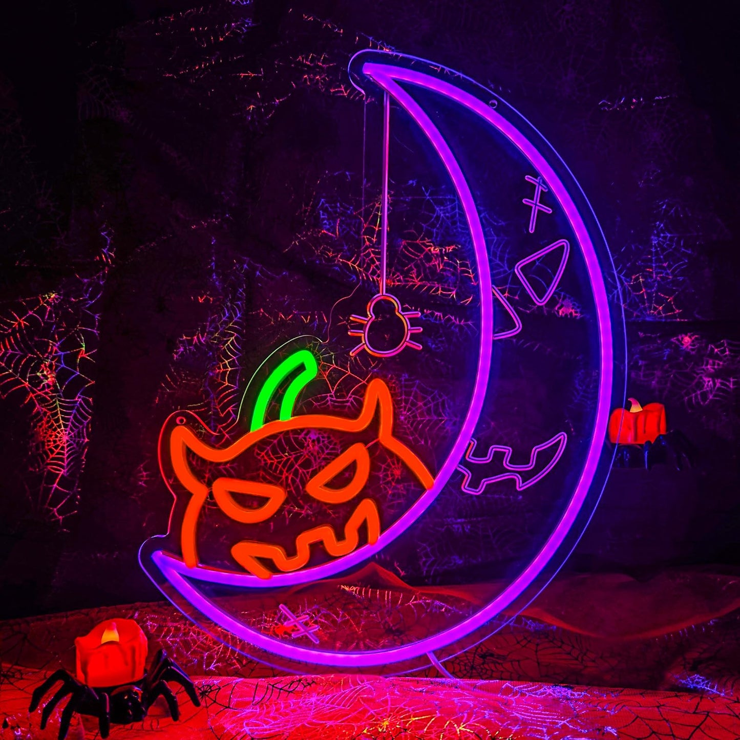 Halloween Pumpkin Moon Window Lights Decorations Indoor, Pumpkin&Moon Themed Neon Sign Decor LED Neon Lights for Wall Decor, Decorating Windows