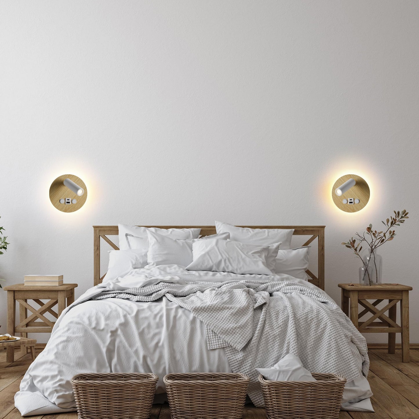 Modern Multi-Purpose Wall Sconces?5.9" Wood Grain Hardwired Wall Light Fixture with USB/Type-C Charging Port for Bedroom/Stdudy, Rotatable Spotlight