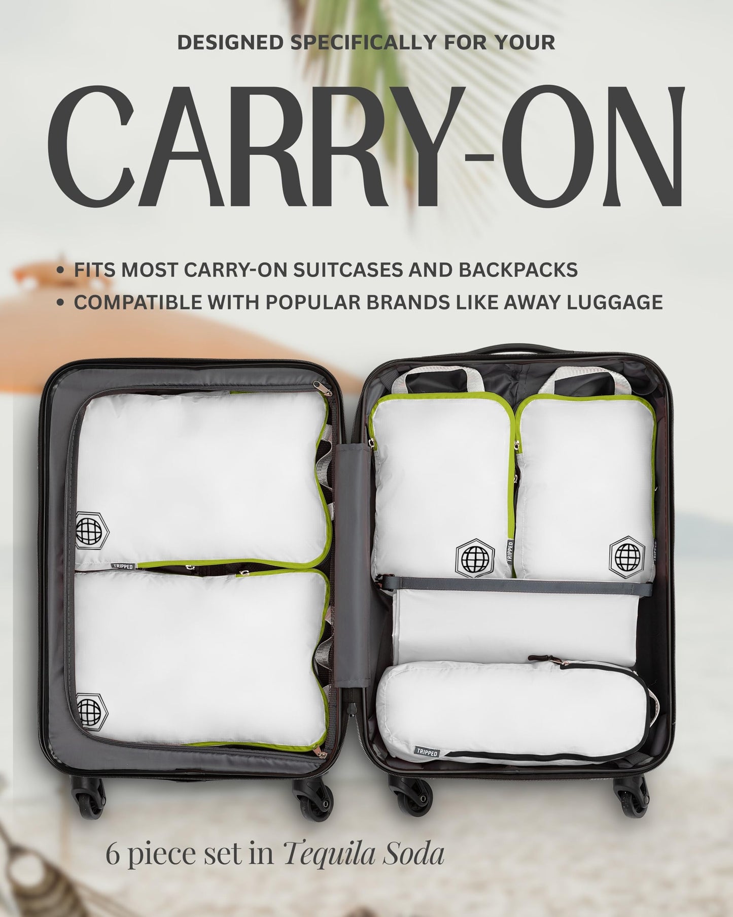 Compression Packing Cubes 6 Piece Set for Travel - Lightweight, Durable Clothes Organizer for Carry-On Luggage and Backpacks by TRIPPED Travel Gear (White and Green)