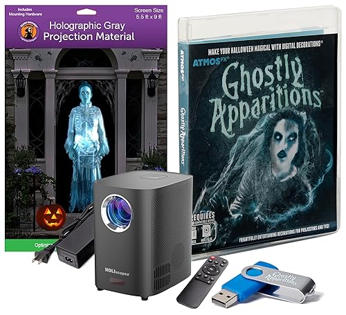 HoliScapes® USB Projector Kit - AtmosFx Ghostly Apparitions USB + Projector + 5.5' x 9' Large Gray Holographic Screen for Halloween Projection