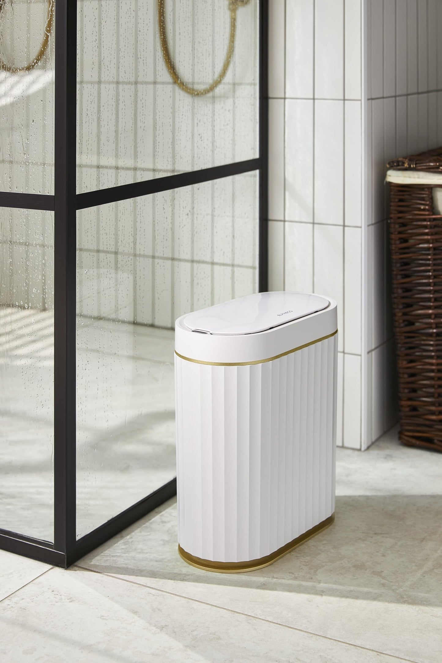 ELPHECO Automatic Motion Sensor Trash Can - 2 Gallon Slimline for Bathroom, Bedroom, Kitchen, Office - White with Gold Trim