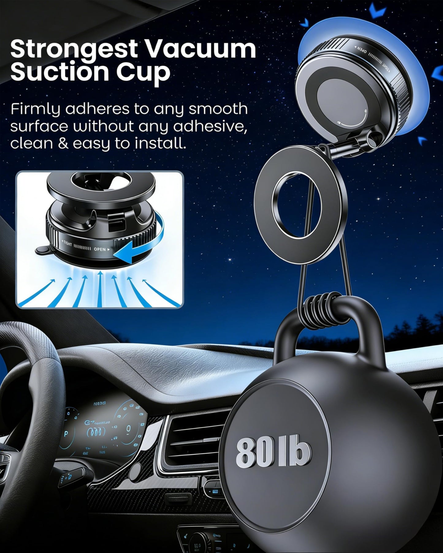MARUVI Vacuum Magnetic Phone Holder for Car,2800gf Strong Magnetic Phone Mount,360° Adjustable & Reinforced Suction Cup for Dashboard/Mirror,Car Phone